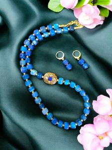 Square Agates with Victorian spacers Necklace With Earrings, Sky Blue 