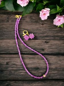 Agate Necklace in Single Layer with Zircon Stone Bead With Earrings, Purple