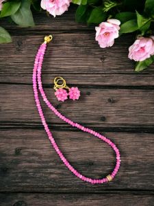 Agate Necklace in Single Layer with Zircon Stone Bead With Earrings, Pink