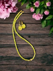 Agate Necklace in Single Layer with Zircon Stone Bead With Earrings, Fluorescent Green