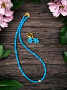 Agate Necklace in Single Layer with Zircon Stone Bead With Earrings, Sky Blue