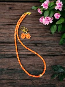 Agate Necklace in Single Layer with Zircon Stone Bead With Earrings, Orange