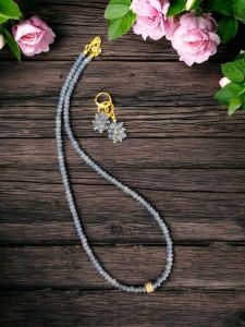 Agate Necklace in Single Layer with Zircon Stone Bead With Earrings, Grey