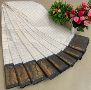 Chettinad Cotton Sarees, White with Grey Gold Zari Border