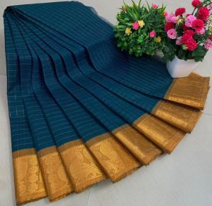 Chettinad Cotton Sarees, Peacock Green with Mustard Yellow Gold zari Border