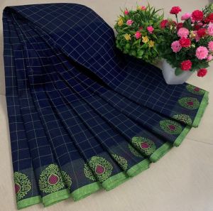 Chettinad Cotton Sarees, Dark Blue with Green Border