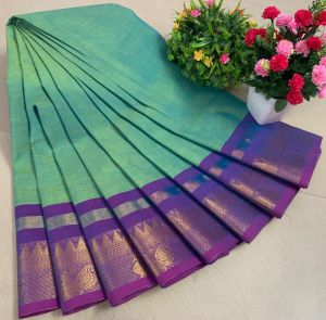 Chettinad Cotton Sarees, Green with Purple Gold Zari Border Border