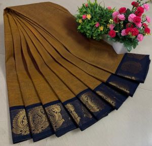 Chettinad Cotton Sarees, Mustard Yellow with Dark Blue Zari Border Border