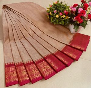 Chettinad Cotton Sarees, Beige with Pink Border