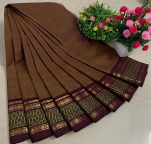 Chettinad Cotton Sarees, Brown with Dark Brown Gold Zari Border