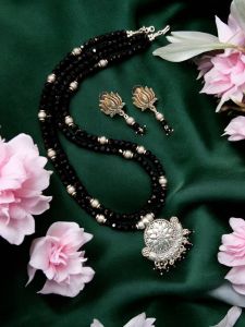 Crystal Necklaces with Oxidised Silver Pendants in 2 layers, Black
