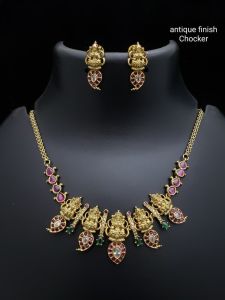 Padmika: Lakshmi Heritage necklace : Antique Finish Lakshmi Necklace with Ruby & Green Stones – Temple Jewelry Set