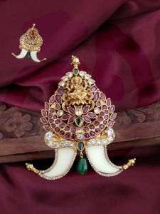 Regal Lakshmi Temple Pendant – Ruby, Emerald & White Stone Accents