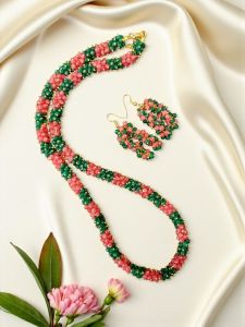 Agate Loreal Necklace, Peach And Green With Matching Earrings