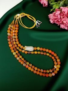 Onyx and Agate Necklace with a Victorian Flower Side Pendant, Orange