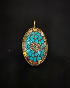 Tibetan Oval Shaped Pendant, Sea Green With Gold Designs