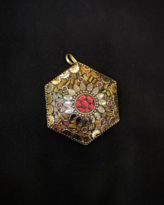 Tibetan Hexagon Shaped Pendant, Multi Colour With Gold Designs