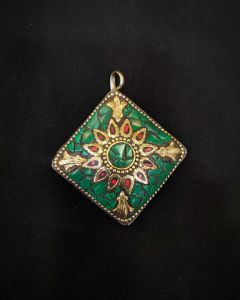 Tibetan Diamond Shaped Pendant, Green And Red With Gold Designs