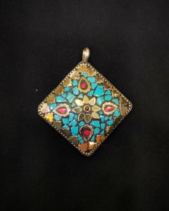 Tibetan Diamond Shaped Pendant, Sea Green With Gold Designs