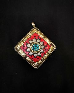 Tibetan Diamond Shaped Pendant, Red And Sea Green With Gold Designs