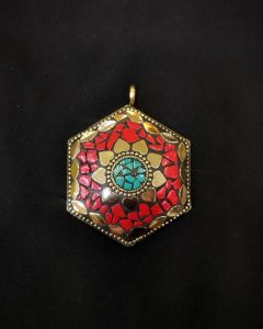 Tibetan Hexagon Shaped Pendant, Red And Sea Green With Gold Designs