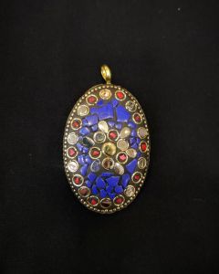 Tibetan Oval Shaped Pendant, Blue And Red With Gold Designs