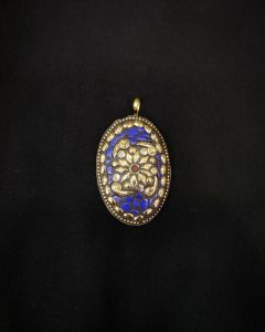 Tibetan Oval Shaped Pendant, Blue With Gold Designs