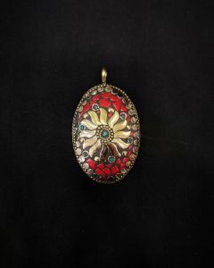 Tibetan Oval Shaped Pendant, Red With Gold Designs