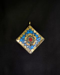 Tibetan Diamond Shaped Pendant, Blue And Red With Gold Designs