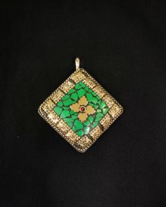 Tibetan Diamond Shaped Pendant, Green With Gold Designs