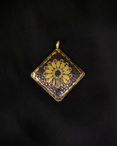 Tibetan Diamond Shaped Pendant, Blue And Red With Gold Designs