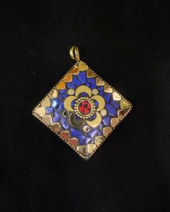 Tibetan Diamond Shaped Pendant, Blue And Red With Gold Heart Designs