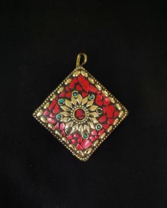 Tibetan Diamond Shaped Pendant, Red With Gold Designs