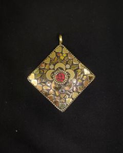 Tibetan Diamond Shaped Pendant, Multi Colour With Gold Heart Designs
