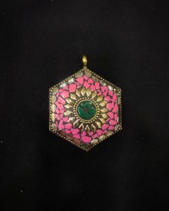 Tibetan Hexagon Shaped Pendant, Pink And Green With Gold Designs