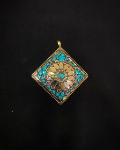 Tibetan Diamond Shaped Pendant, Sea Green With Gold Designs