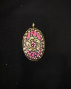Tibetan Oval Shaped Pendant, Pink With Gold Designs