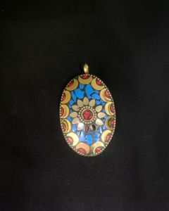 Tibetan Oval Shaped Pendant, Blue And Red With Gold Designs