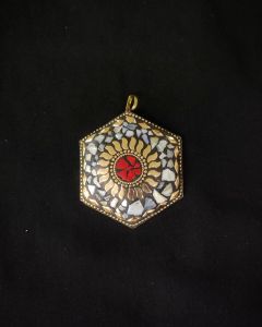 Tibetan Hexagon Shaped Pendant, Grey And Red With Gold Designs
