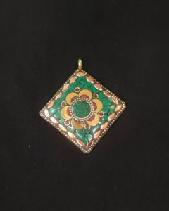 Tibetan Diamond Shaped Pendant, Green And Red With Gold Designs