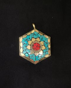 Tibetan Hexagon Shaped Pendant, Sea Green And Red With Gold Designs