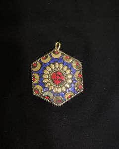 Tibetan Hexagon Shaped Pendant, Blue And Red With Gold Designs