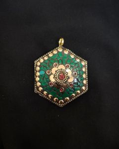 Tibetan Hexagon Shaped Pendant, Green And Red With Gold Designs
