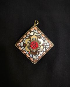 Tibetan Diamond Shaped Pendant, MultiColour With Gold Designs