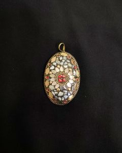 Tibetan Oval Shaped Pendant, Grey And Red With Gold Designs