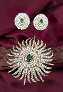 CZ pendants With Earrings, Flower Shape, Green With White
