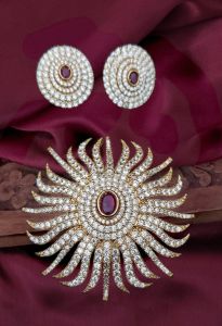 CZ pendants With Earrings, Flower Shape, Pink With White