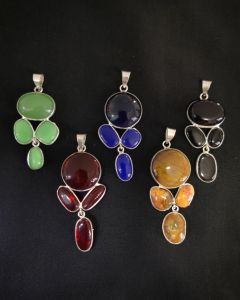 Mix Gemstone Pendants ,4 Stones, Silver Finish, Pack of 5