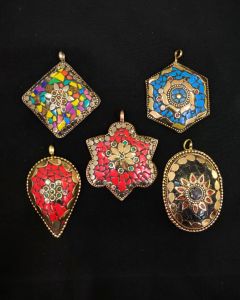 Tibetan Oval Shaped Pendant, Grey And Red With Gold Designs