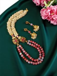 Printed glass beads with glass pearls and Victorian spacers with matching jhumka 